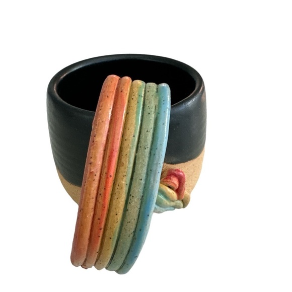 Handmade Wheel Thrown Ceramic Black and Rainbow Handle Pottery Coffee Tea Mug - Picture 5 of 8